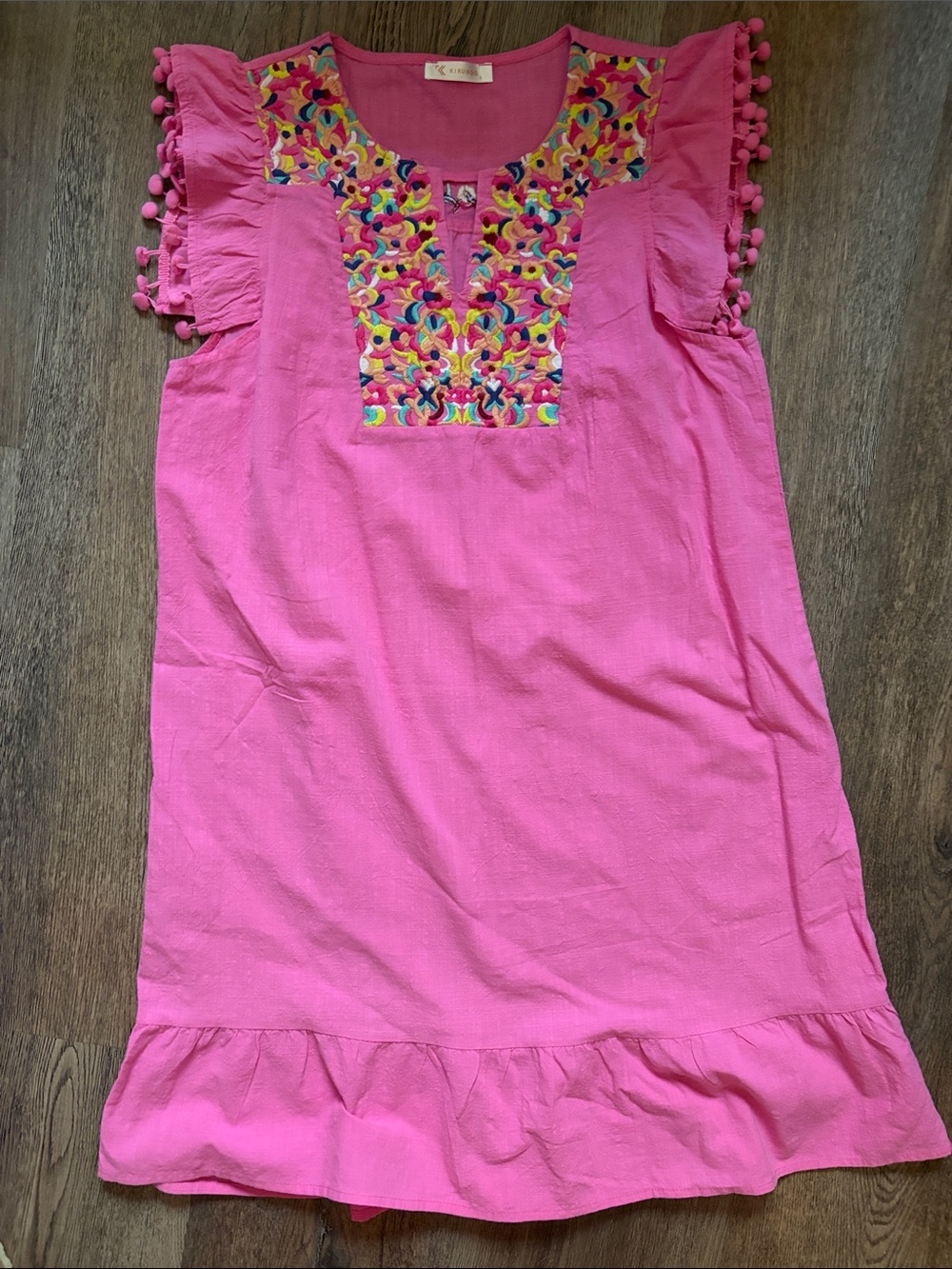Women's Pink Embroidered Pom-Sleeve Casual Dress